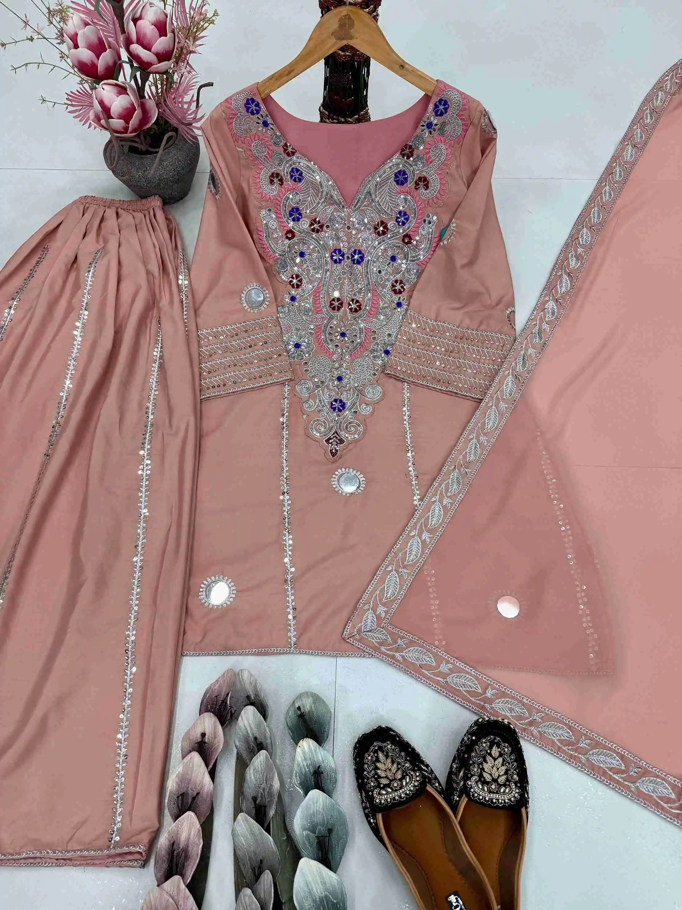 HEAVY NATURAL CREAP EMBROIDERED SEQUENCE WORK WITH FANCY TOP SHARARA DUPATTA SET BD -003