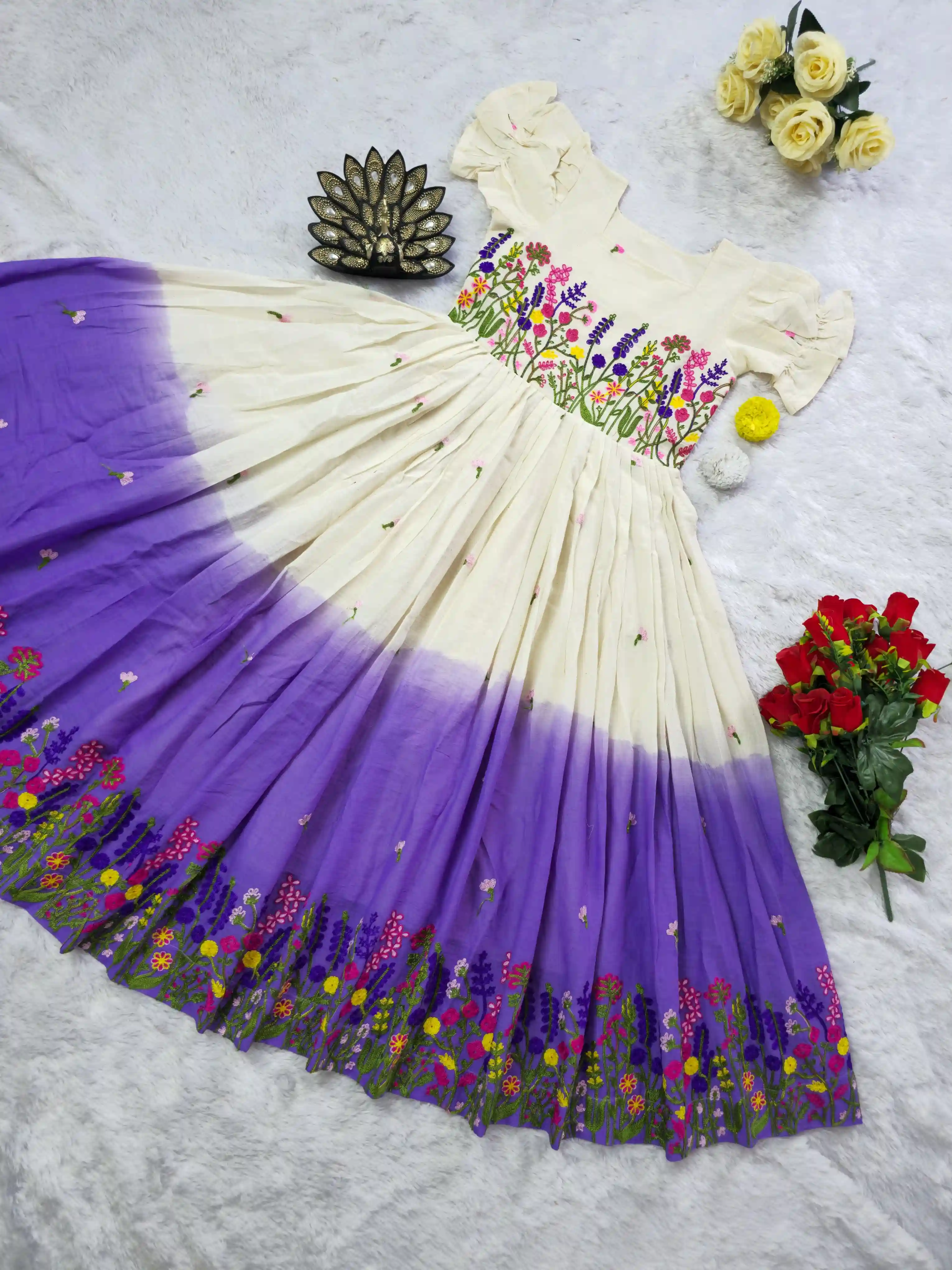 Designer kora Cotton with multicolor thread work Midi Dress ST-167