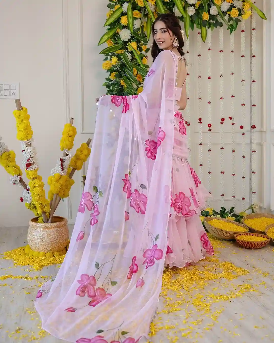 Lahenga Saree Faux  Georgette With Digital Print  & 3 Layer Ruffle With Attached Dupatta