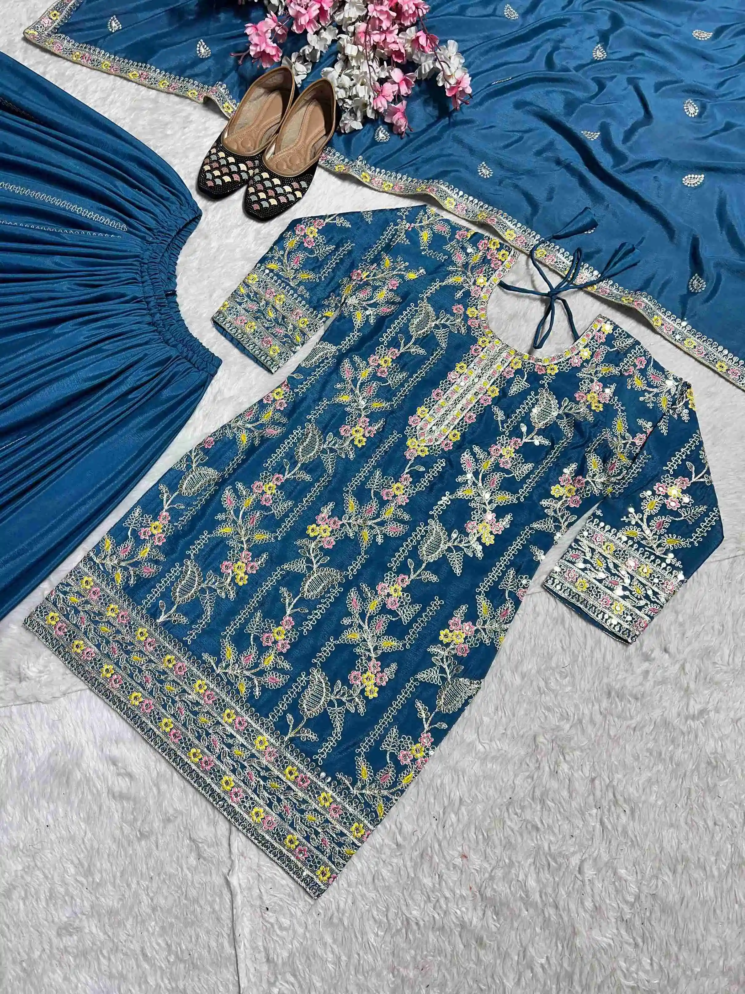 Pure Heavy Chinnon Silk With Heavy Embroidery Top,Plazzo,Dupatta ND-1233