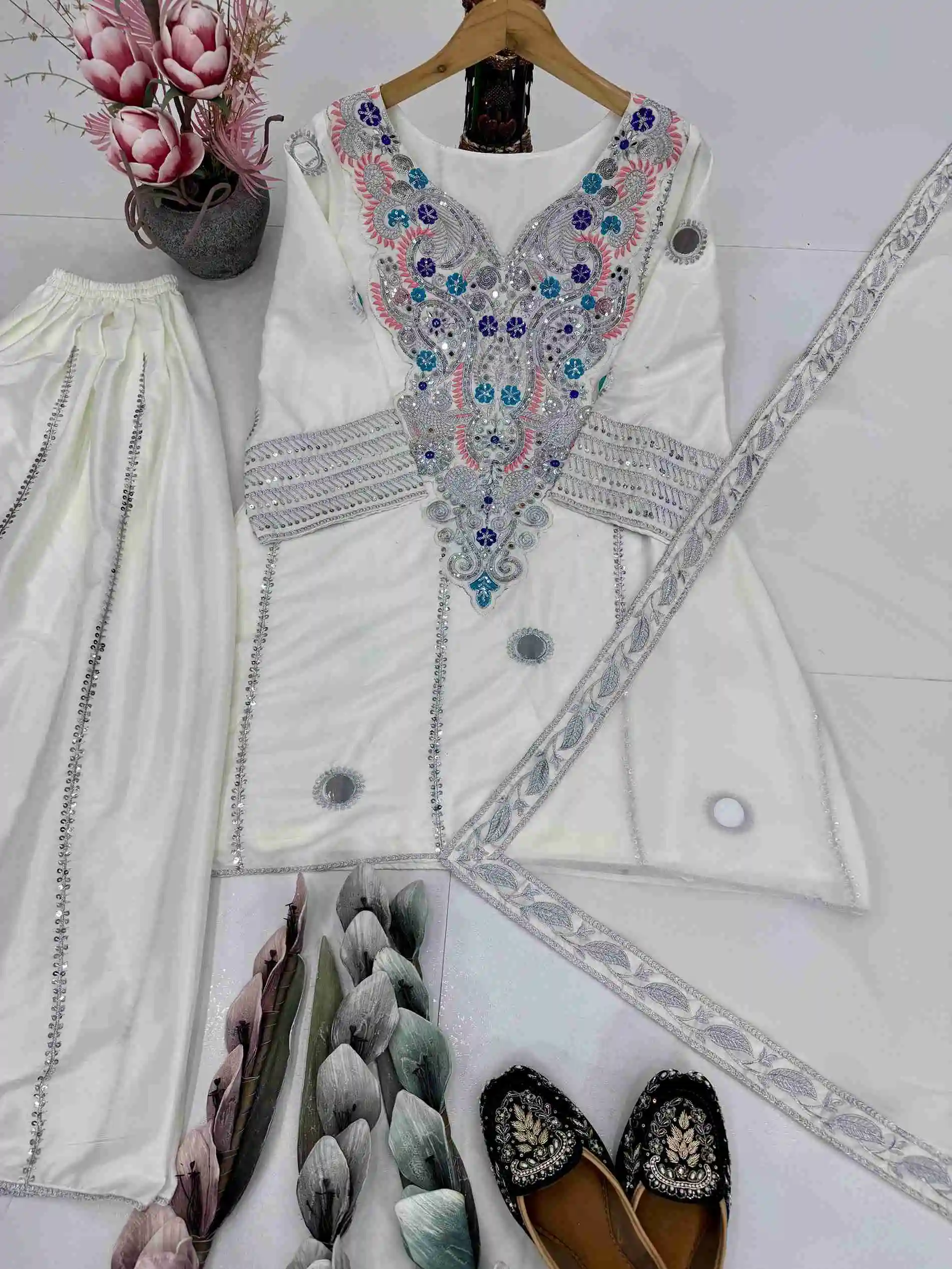 HEAVY NATURAL CREAP EMBROIDERED SEQUENCE WORK WITH FANCY TOP SHARARA DUPATTA SET BD -003