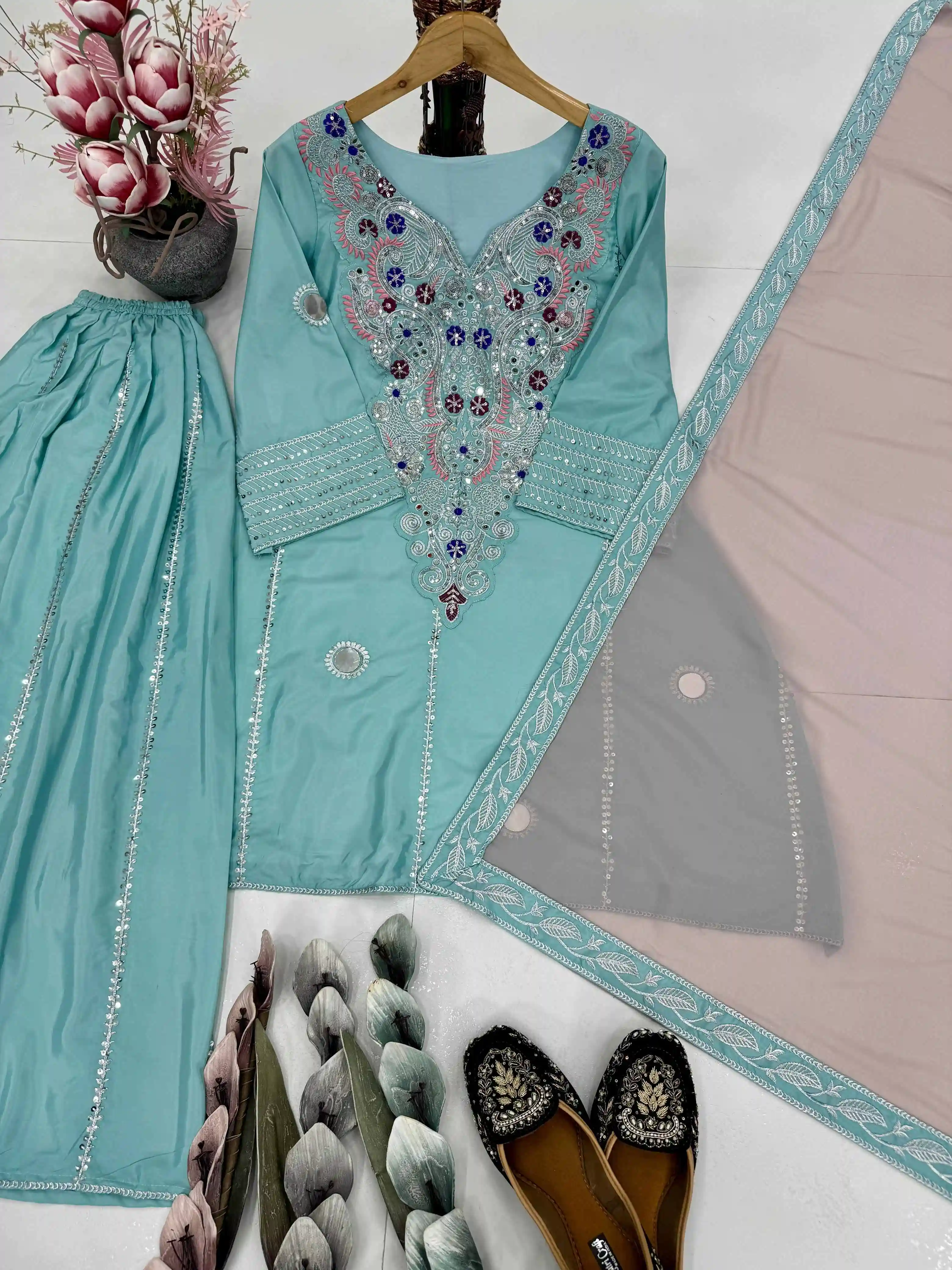 HEAVY NATURAL CREAP EMBROIDERED SEQUENCE WORK WITH FANCY TOP SHARARA DUPATTA SET BD -003