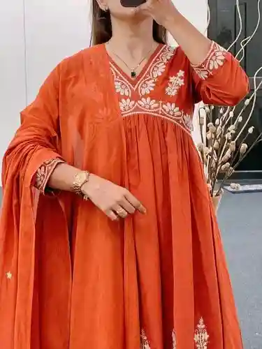 cotton embroidery kurti with pant and mulmul duptta...