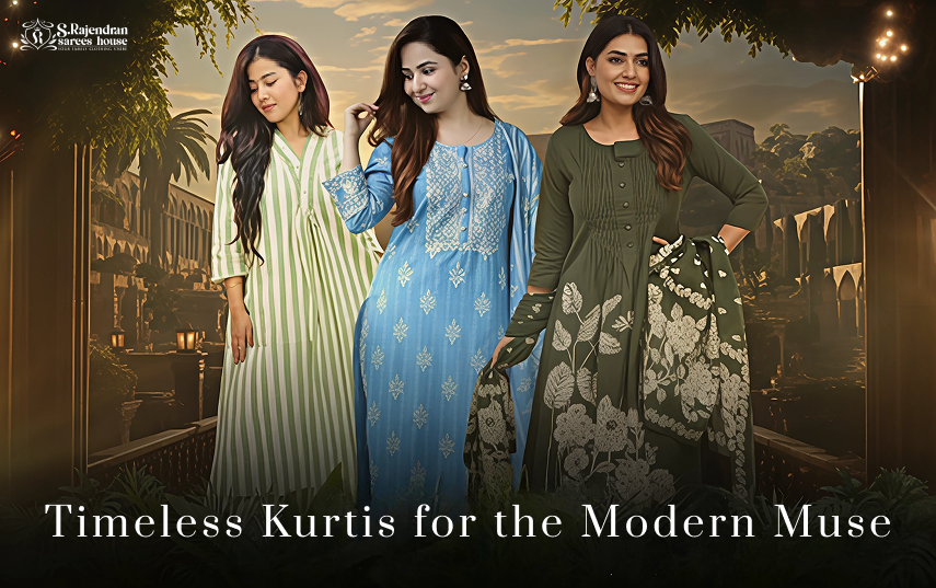 three women model stylish kurtis